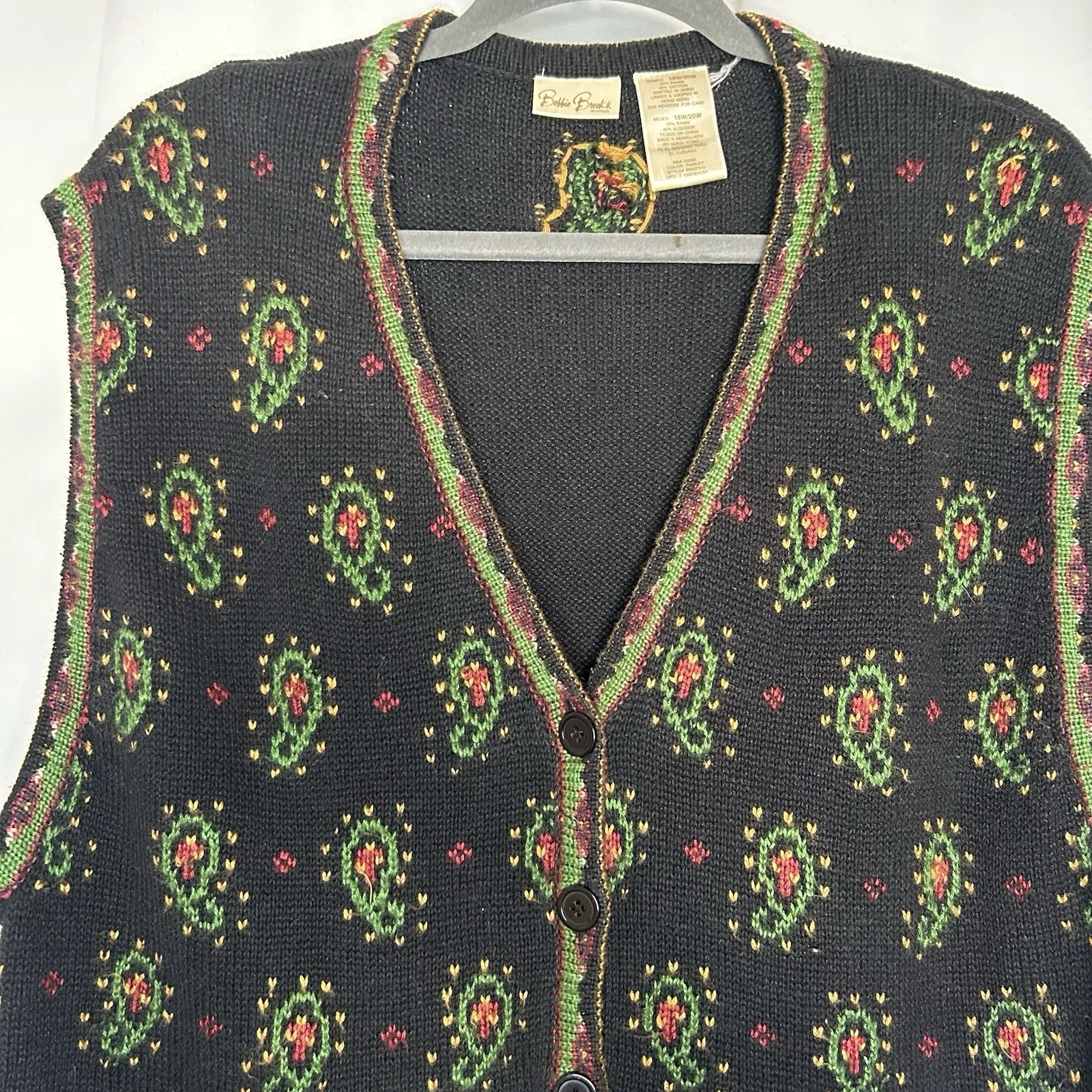 Bobbie Brooks VTG 90s Women's Size 18/20 Paisley Sweater Vest Black‎ Red Green Black - Image 2