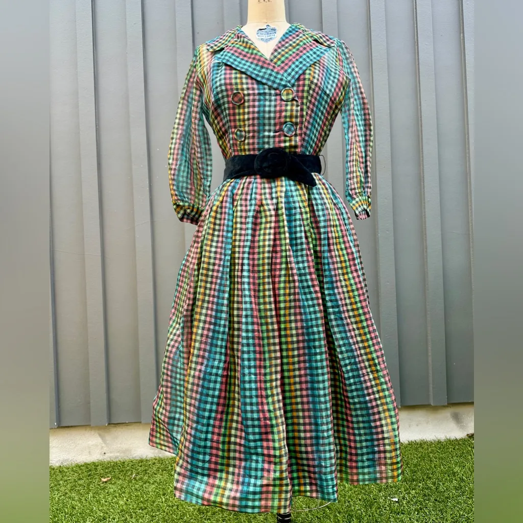 NWT Deadstock Vintage 1950s Betty Barclay Rainbow Plaid Silk Dress - Image 6