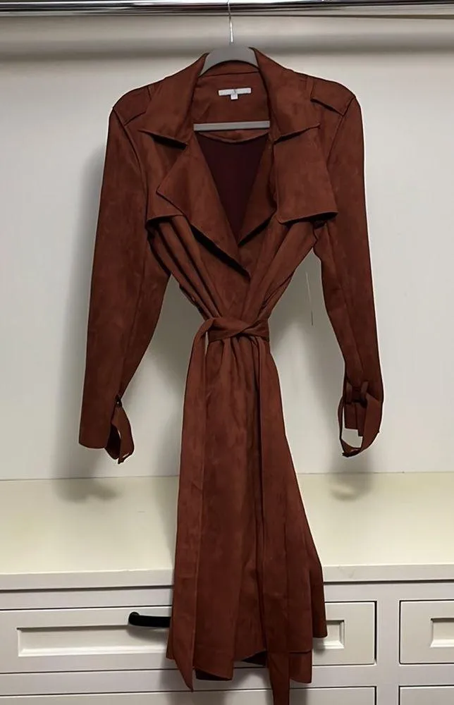 Belted Vegan Suede Belted Trench Coat Size L - Image 2