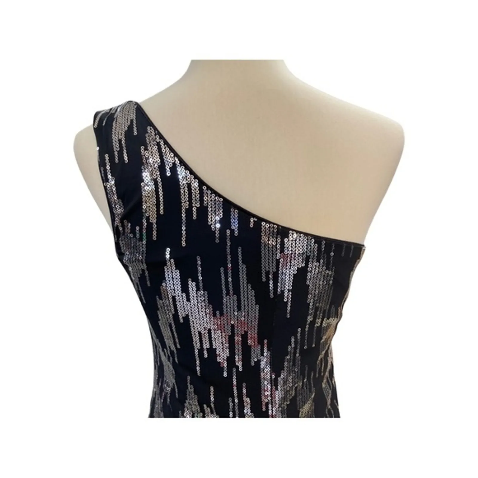 Charlotte Russe Womens Dress Sz S One Shoulder Black and Silver Sequin Mini - Image 4