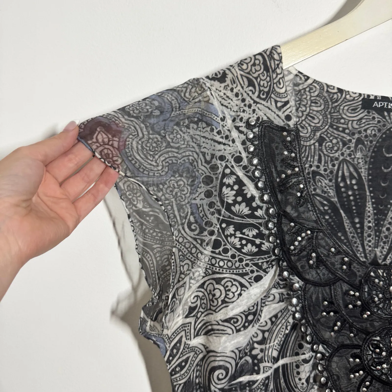 Apt 9 Top Women L Black White Y2K Bedazzled Grunge Emo Boho Sheer Cap Sleeve - Image 7