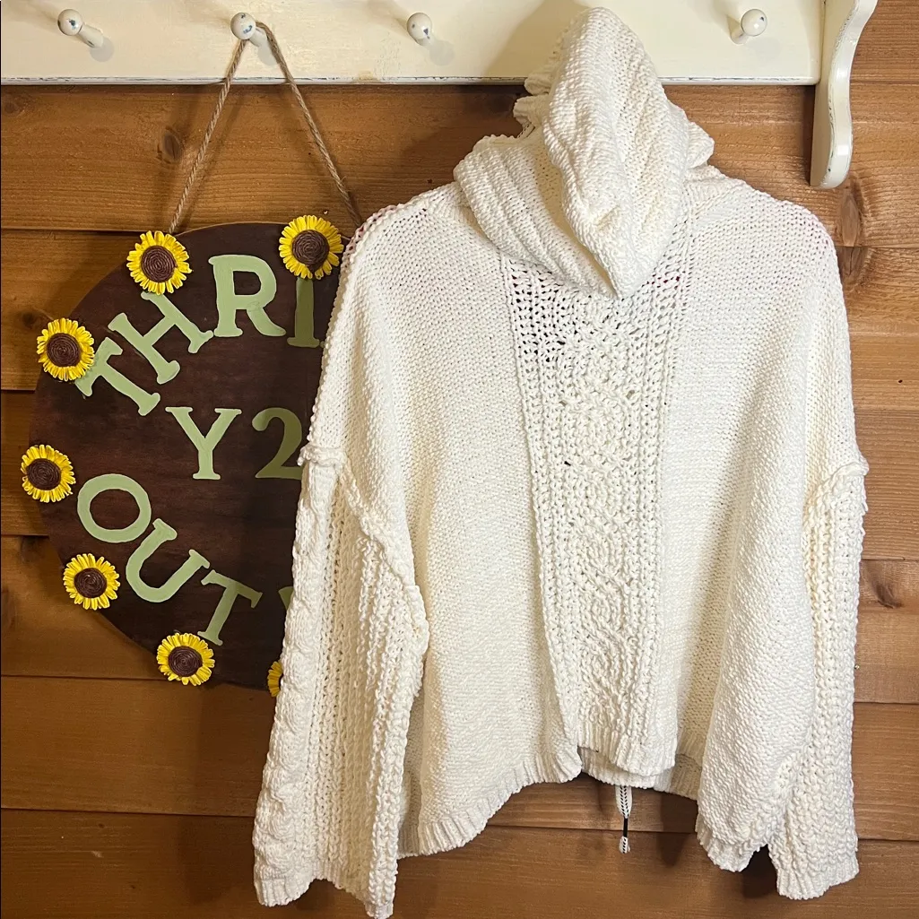 POL Anthropologie Chenille Hooded Pullover Cream Knit Fair Isle Sweater Tie S-XL - Image 9