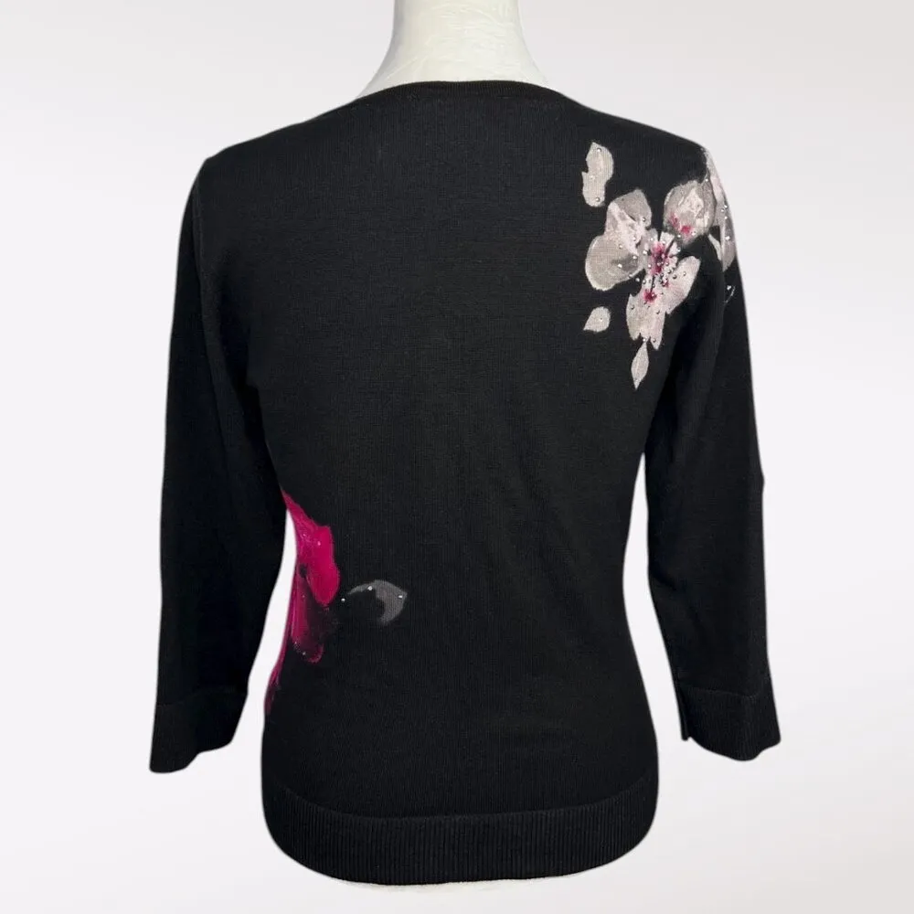 White House Black Market Black Cardigan Pink Floral Rhinestone  - Image 5