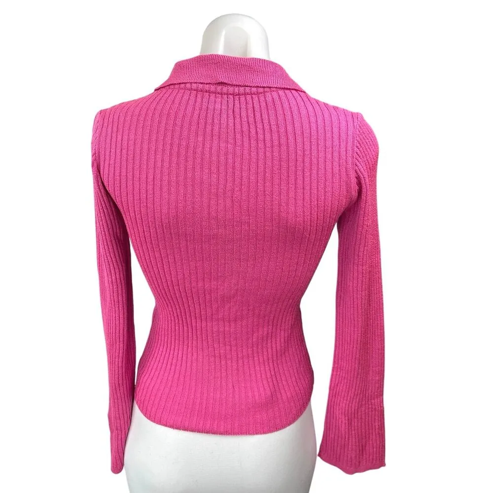 ASOS Design Pink Ribbed Knit Collared Button Down Cardigan Sweater Top Size 2 - Image 2