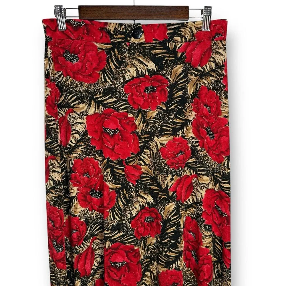 Vintage Y2K Maxi Skirt L‎ Red Floral Tiger Animal Print Slinky Stretch Pull On Size L - Image 2