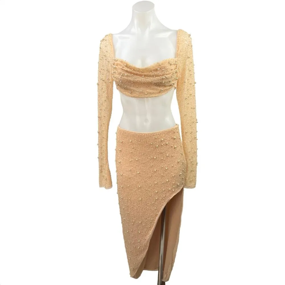 Oh Polly LA DÉSIRADE Cream Pearl Beaded Embellished Crop Top & Midi Skirt Set 2 - Image 5