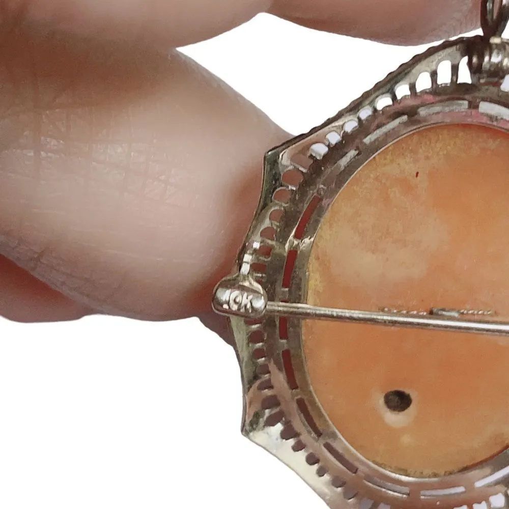 10K White Gold Vintage Lady Carved Cameo Diamond Pendant Pin Brooch - Image 3