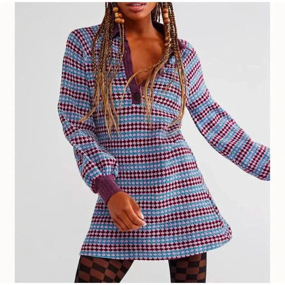 Free People Collared Mini Dress 70s-Inspired Size XS Boho Retro Polo - Image 10
