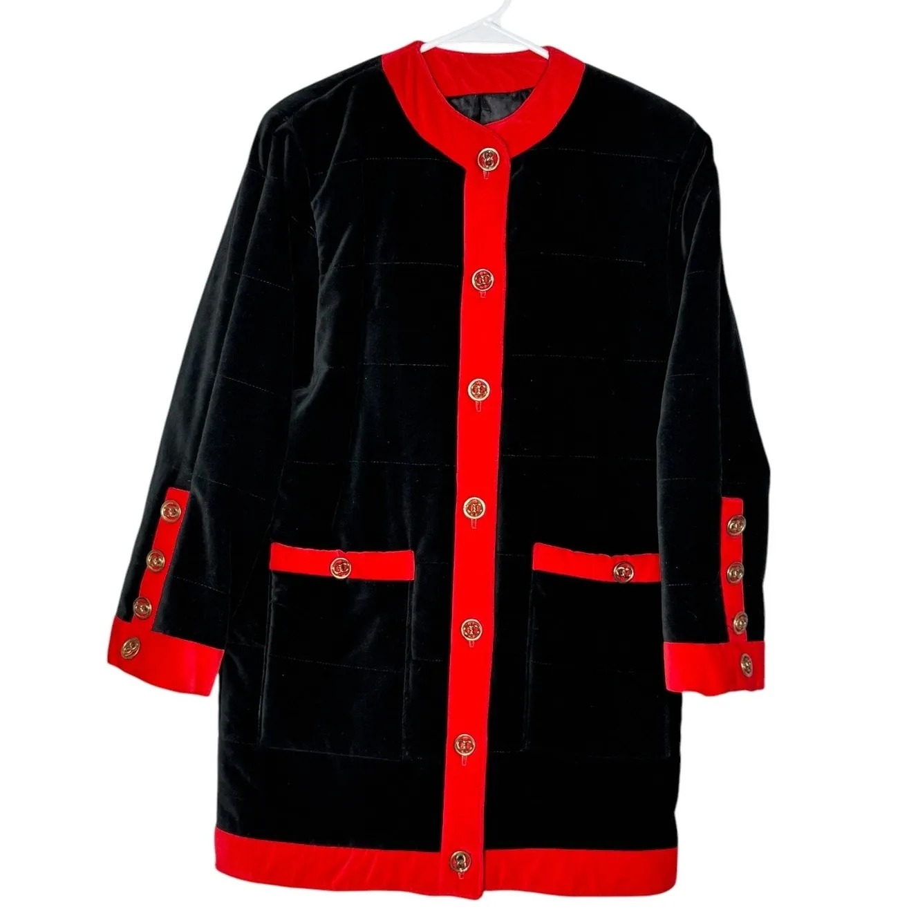 Vintage 80s Cattiva Velvet Quilted Coat Black Red Trim Gold Buttons Sz Small - Image 13