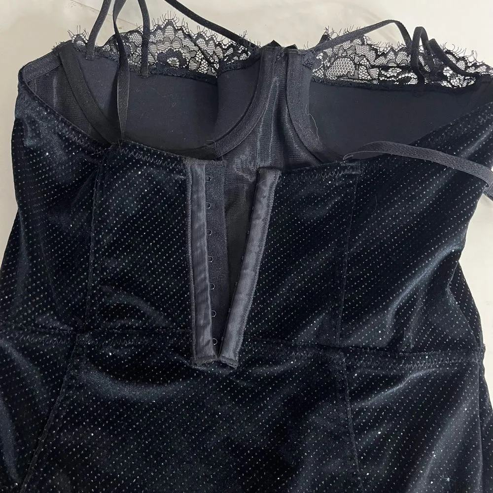 ASOS Navy Bodysuit Sparkly Velvet Lace Strappy Padded Underwire Bra Size 34 C - Image 8