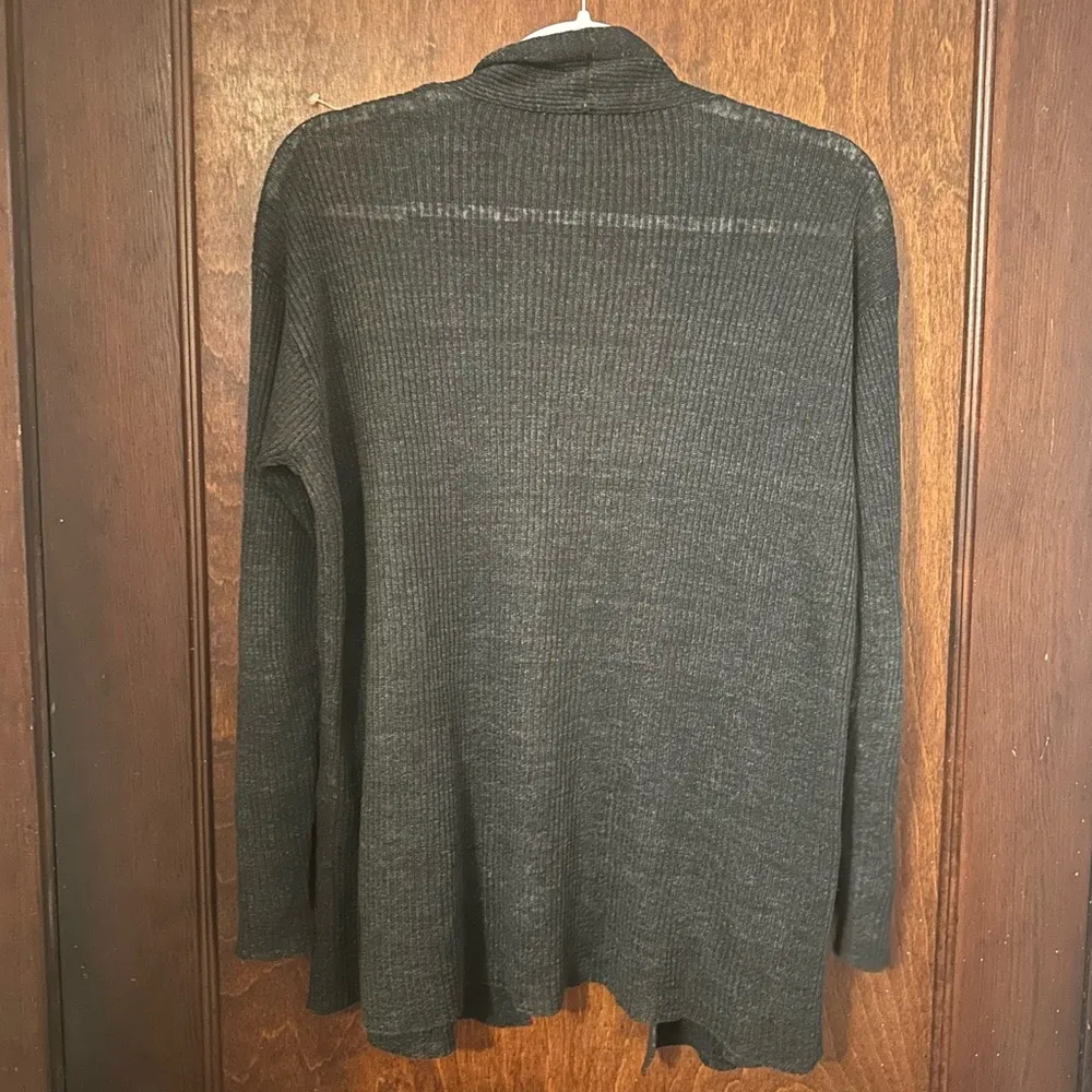 Eileen Fisher Organic Linen High Collar Cardigan Sweater in Slate XS - Image 3