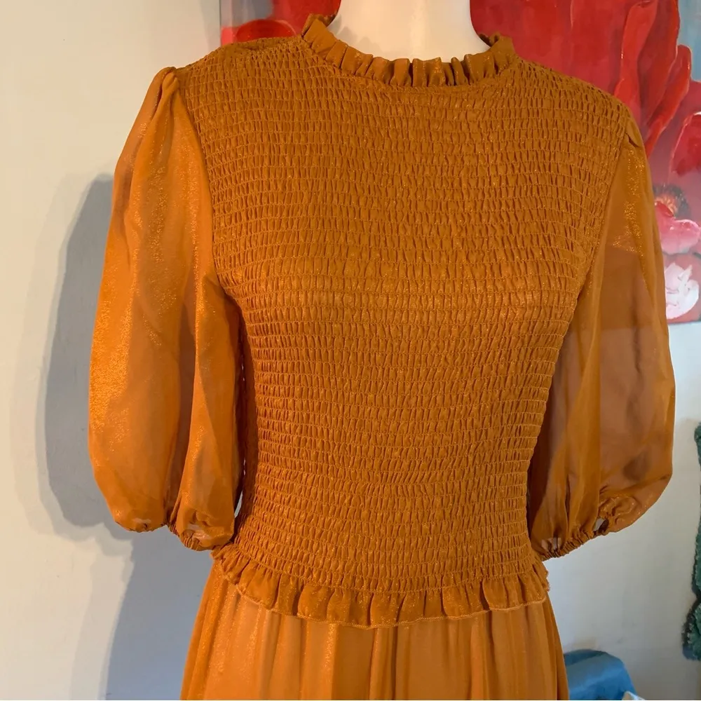 New NWT Nanette Lepore Women Size 6 Puff Sleeve Dress Medieval Gold Rtl $148 - Image 2