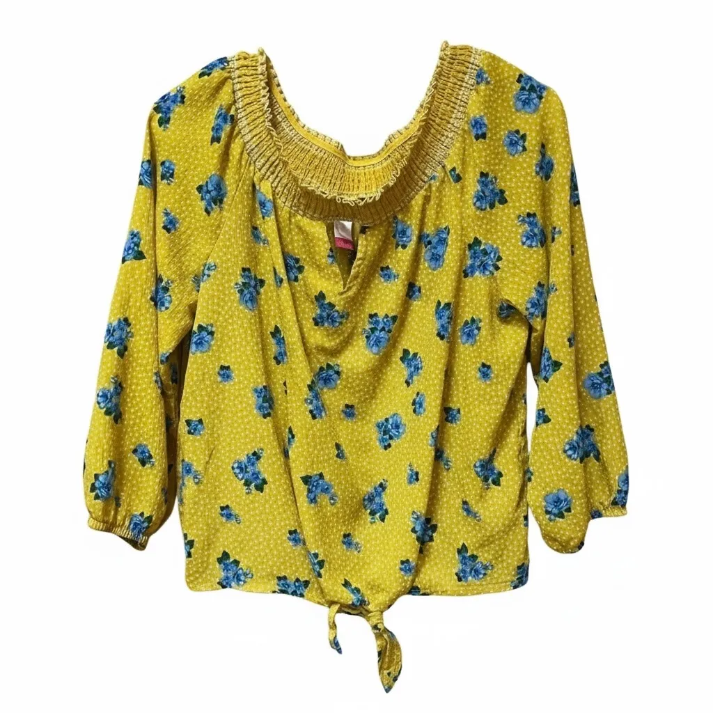 Y2K Yellow Floral Boho Tie Front Blouse Smocked Neckline - Image 1