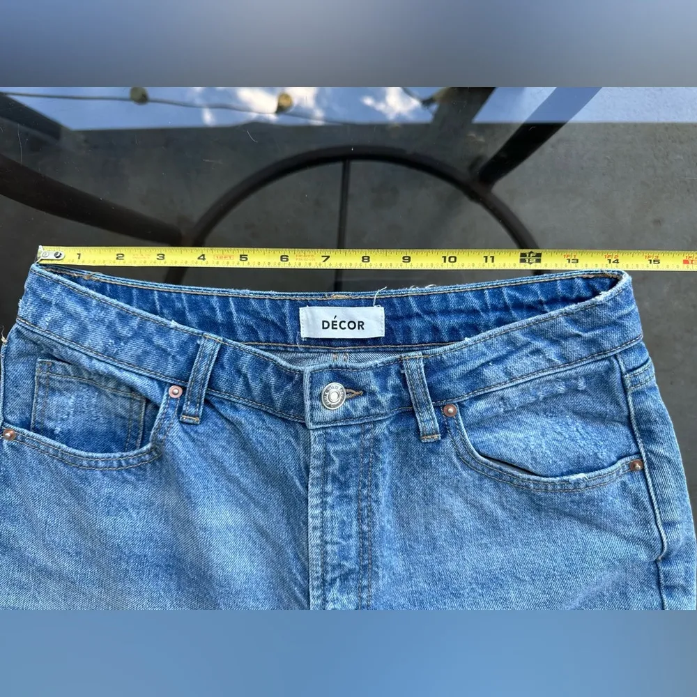 Décor High Rise Distressed Ripped Knee Straight Leg Blue Denim Jeans Size 28 - Image 7