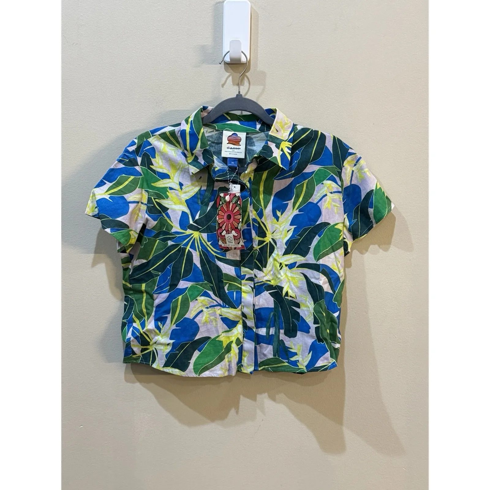 NWT Anthropologie FARM RIO‎ Cropped Button Down Tropical Top Linen Blend Size XS - Image 3