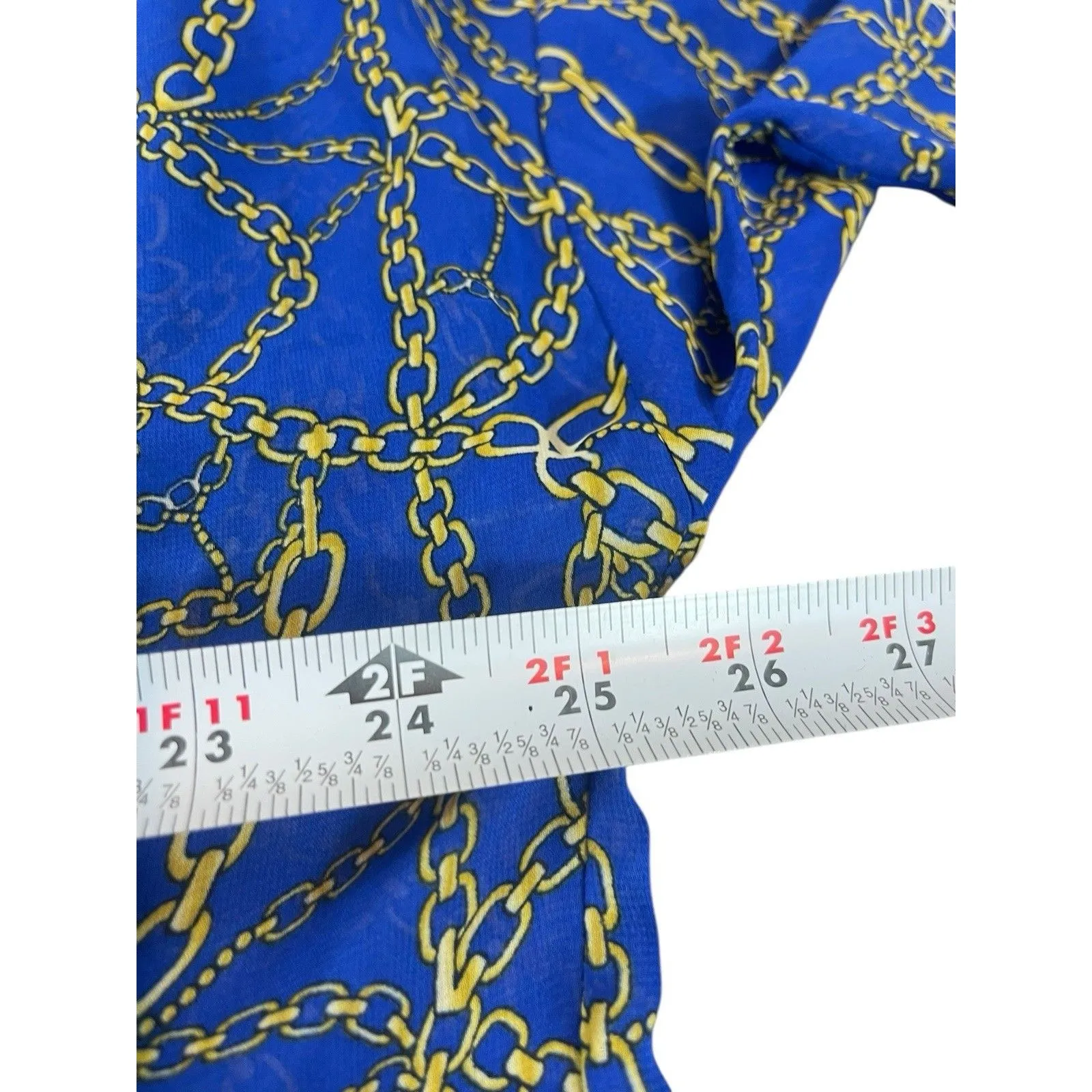 Jennifer Lopez 1X Sheer Blue Gold Chain Print Equestrian Nautical Mob Wife Top - Image 8