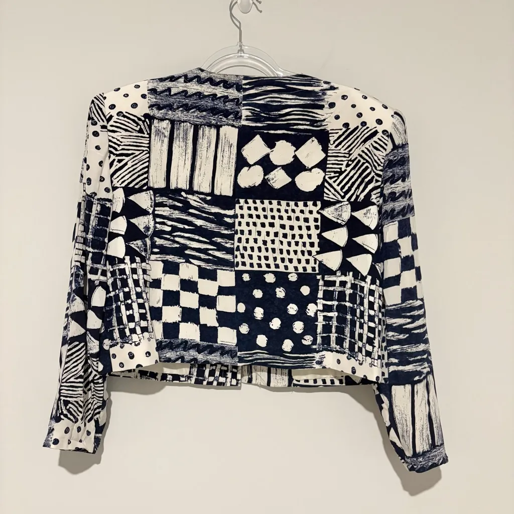 August Silk‎ Silk Quilt Patchwork Button Front Shoulder pad Jacket blazer blue L - Image 2