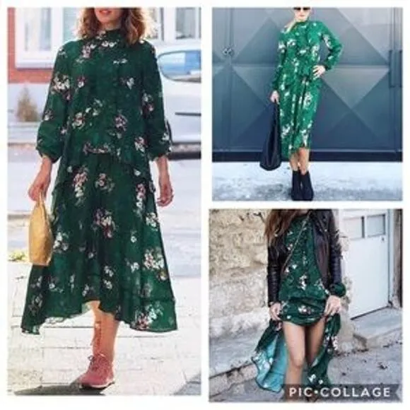 H&M Green Floral Ruffle Midi Dress Ltd Edition Cottagecore Boho Blogger Fav Sz 4 - Image 2
