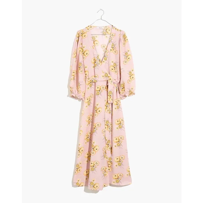 Madewell Linen-Blend Ruffle-Cuff Wrap Dress Dutch Dandelions Medium Pink Floral - Image 4