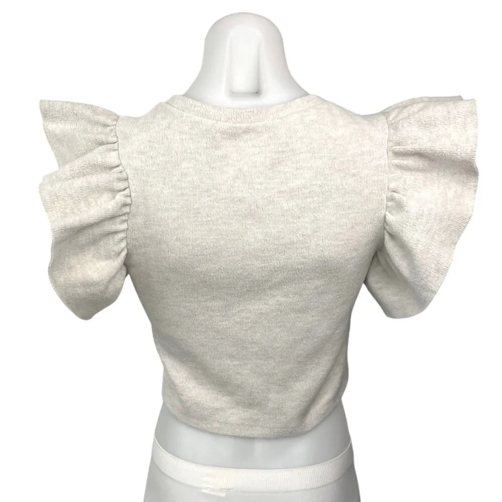 Zara Gray White Ruffle Flutter Sleeve Round Neck Stretch Knit Crop Top Blouse S - Image 2