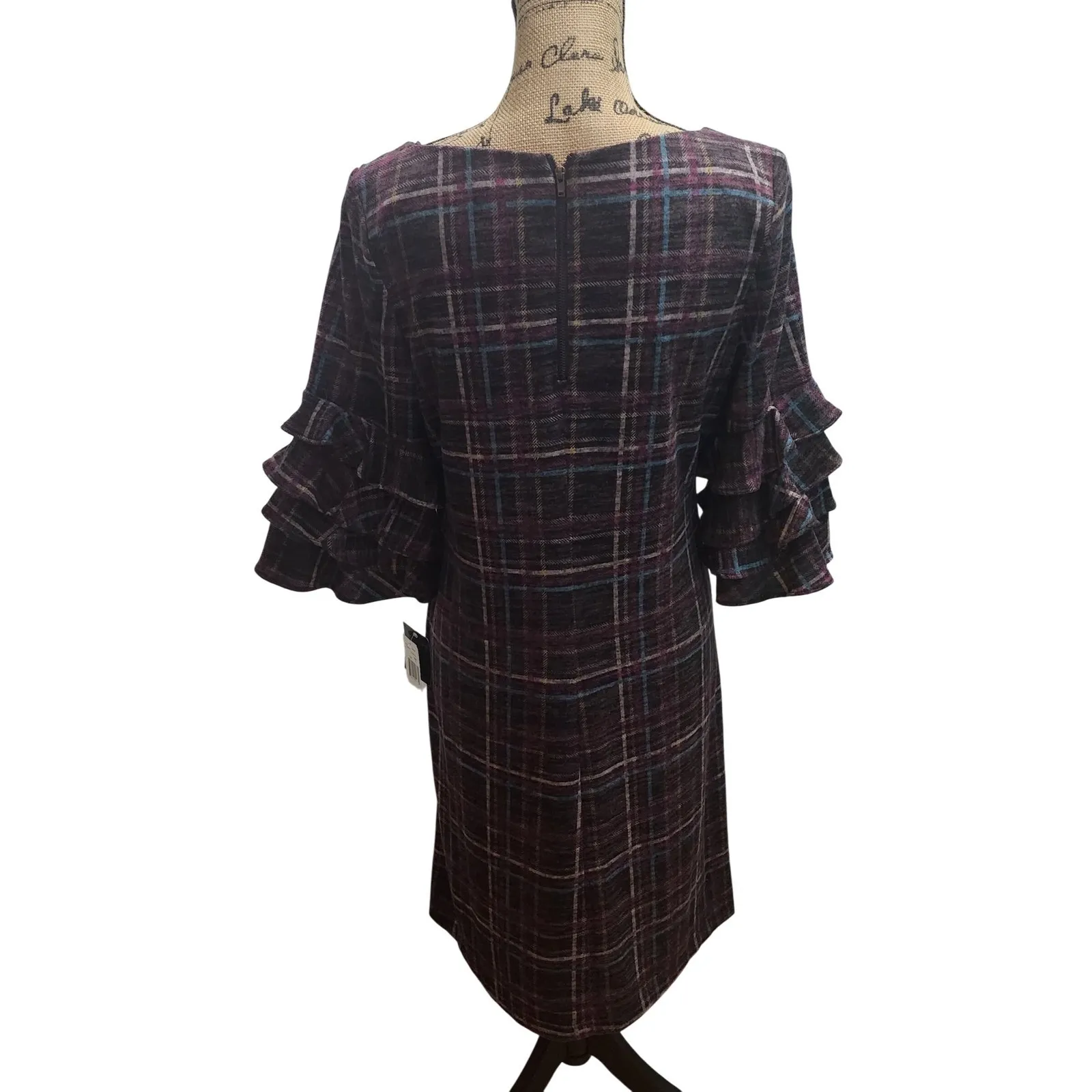 Gabby Skye Women's Size 10 Plum Teal Plaid Ruffle Sleeve Cozy Knit Dress - Image 2