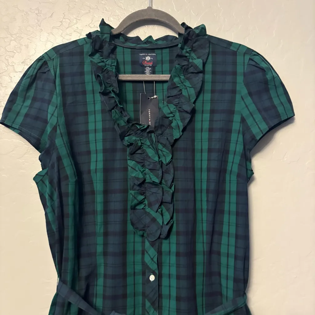 Tommy Hilfiger green, blue black tartan plaid ruffled belt dress size XXL NEW - Image 2