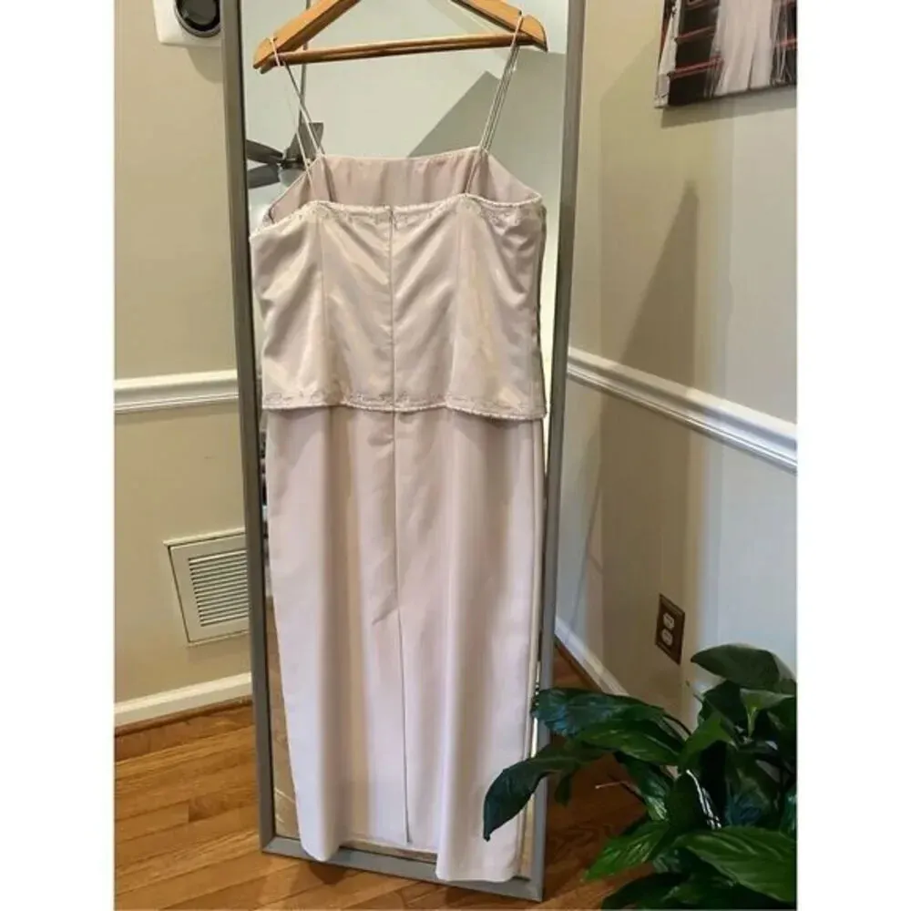 Elegant Champagne Satin Midi Dress with Beaded Trim – Formal - Image 4