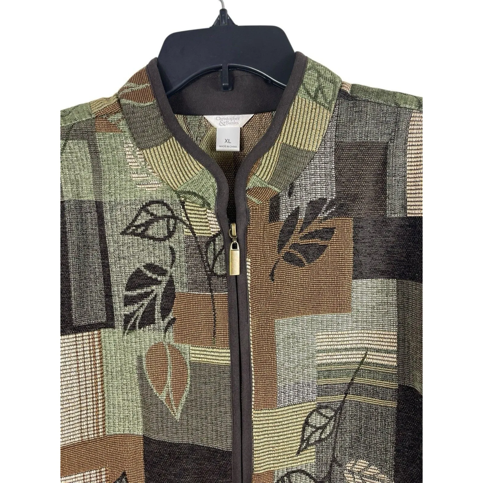 Christopher & Banks Women’s XL Tapestry Zip Up Jacket Patchwork Leaf Fall Tones Green - Image 2