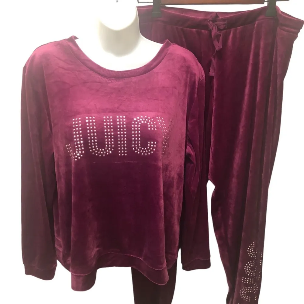 Soft Velvet Bling Top & Jogger Lounge Set Sz L Purple Embellished - Image 3