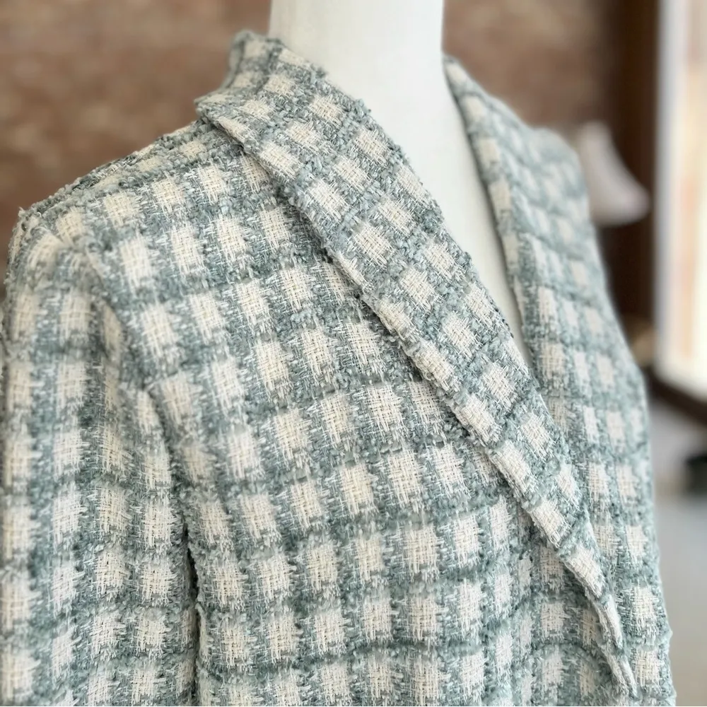 Bb Dakota Steve Madden Mint Sage Tweed Plaid Boucle Open Front Blazer NWT S - Image 13