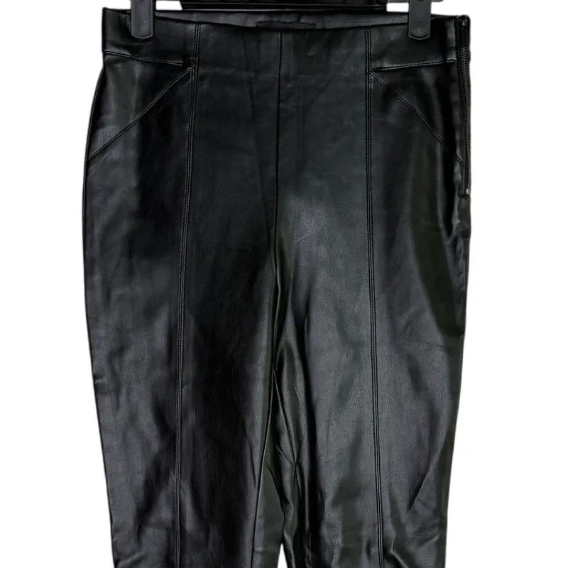 ZARA Faux Leather Mid Elastic Waist Skinny Zip Up Ankle Cropped Pants S Black - Image 2