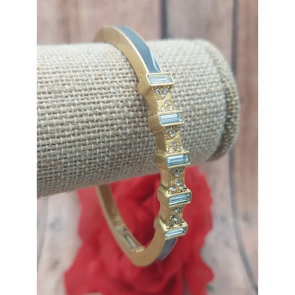 Lia Sophia Gray Enamel Gold Tone Stretchable Bangle Bracelet Baguette Crystals - Image 7