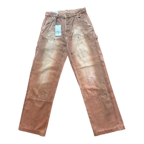 ZARA Carpenter Pants Women Sz 30 Orange Tan Washed Denim Utility Workwear - Image 2