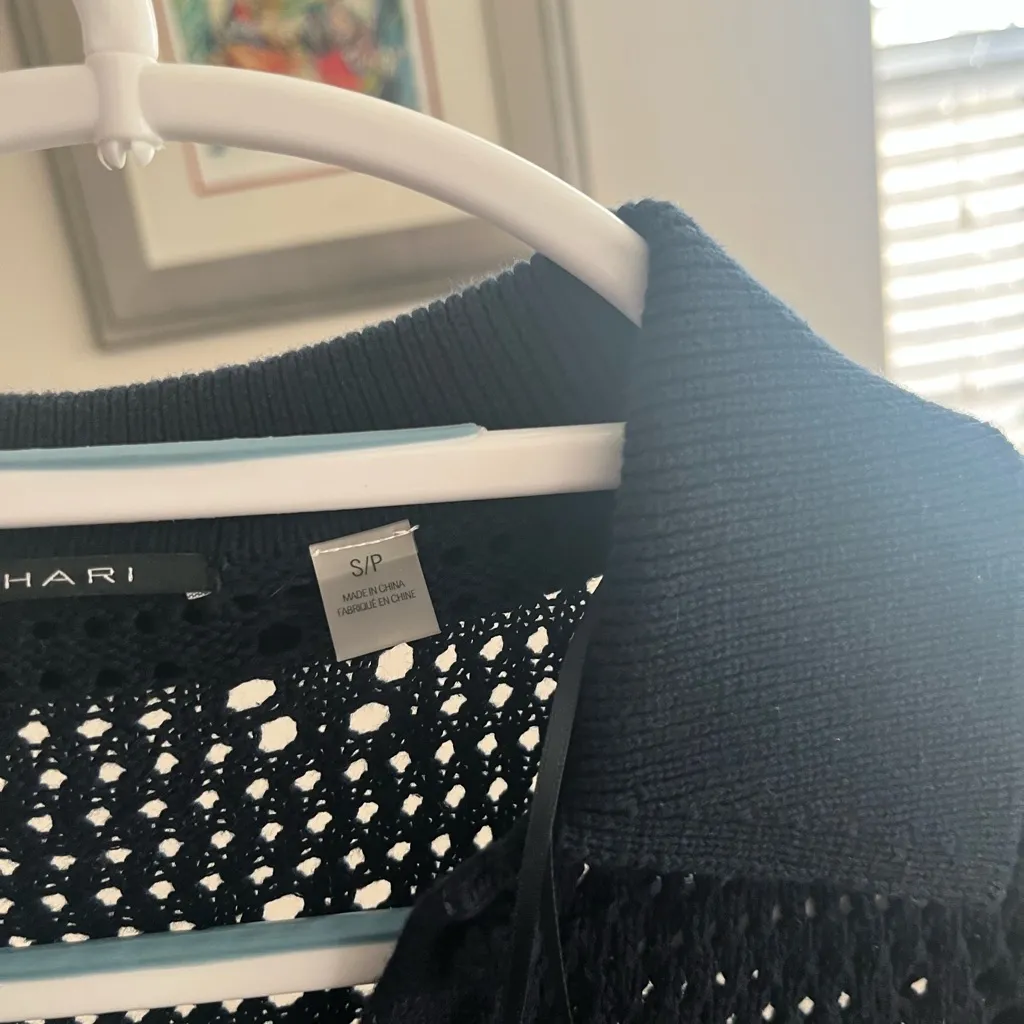 T Tahari Teal Fitted Crochet Polo Sweater - Image 3