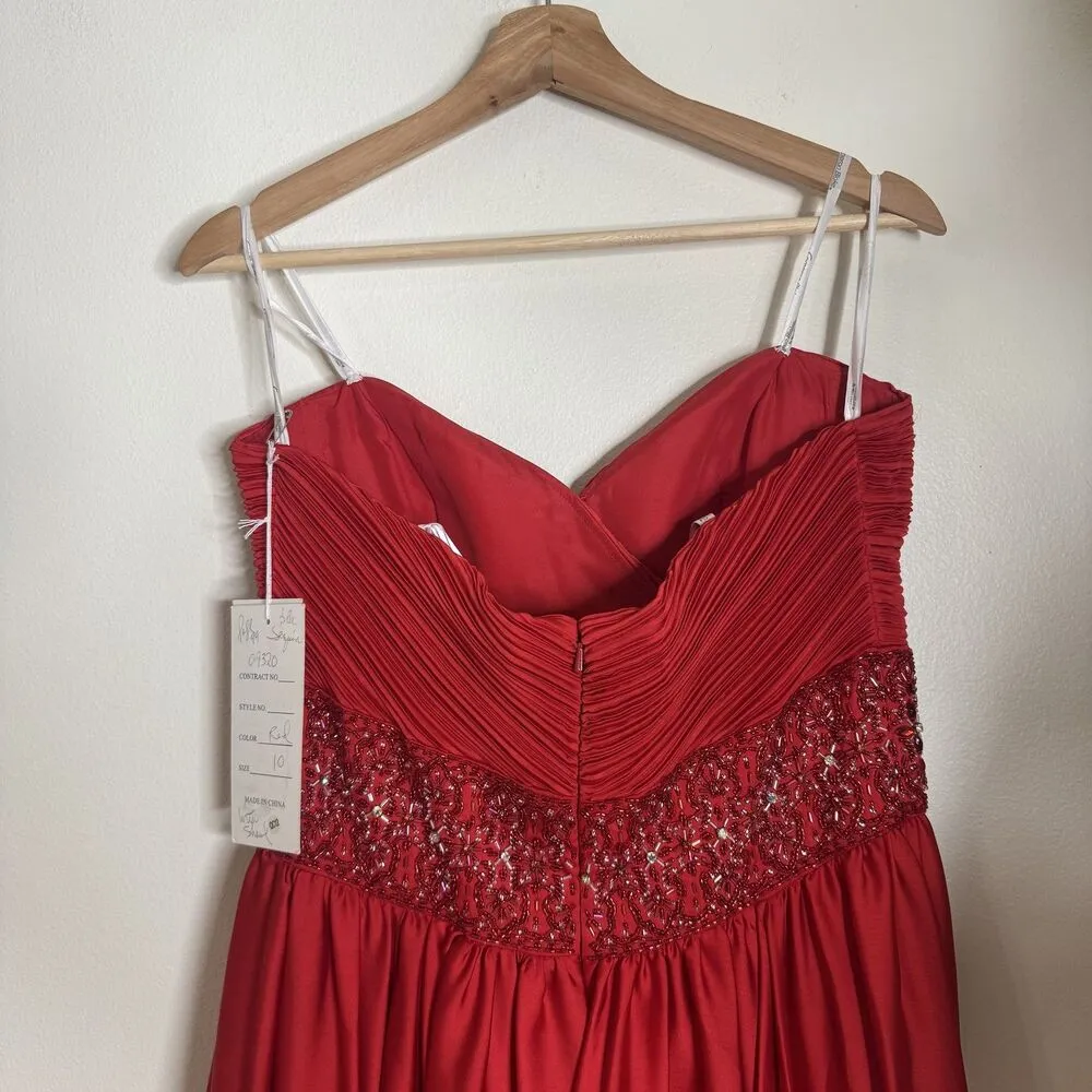 vtg Cameron Blake Dress Womens 10 Red Beaded Evening Gown Formal Prom Strapless - Image 7