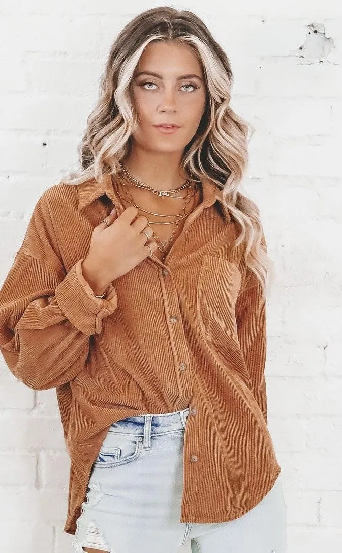 Amazing Lace  CAMEL CORDUROY BUTTON UP - Image 2