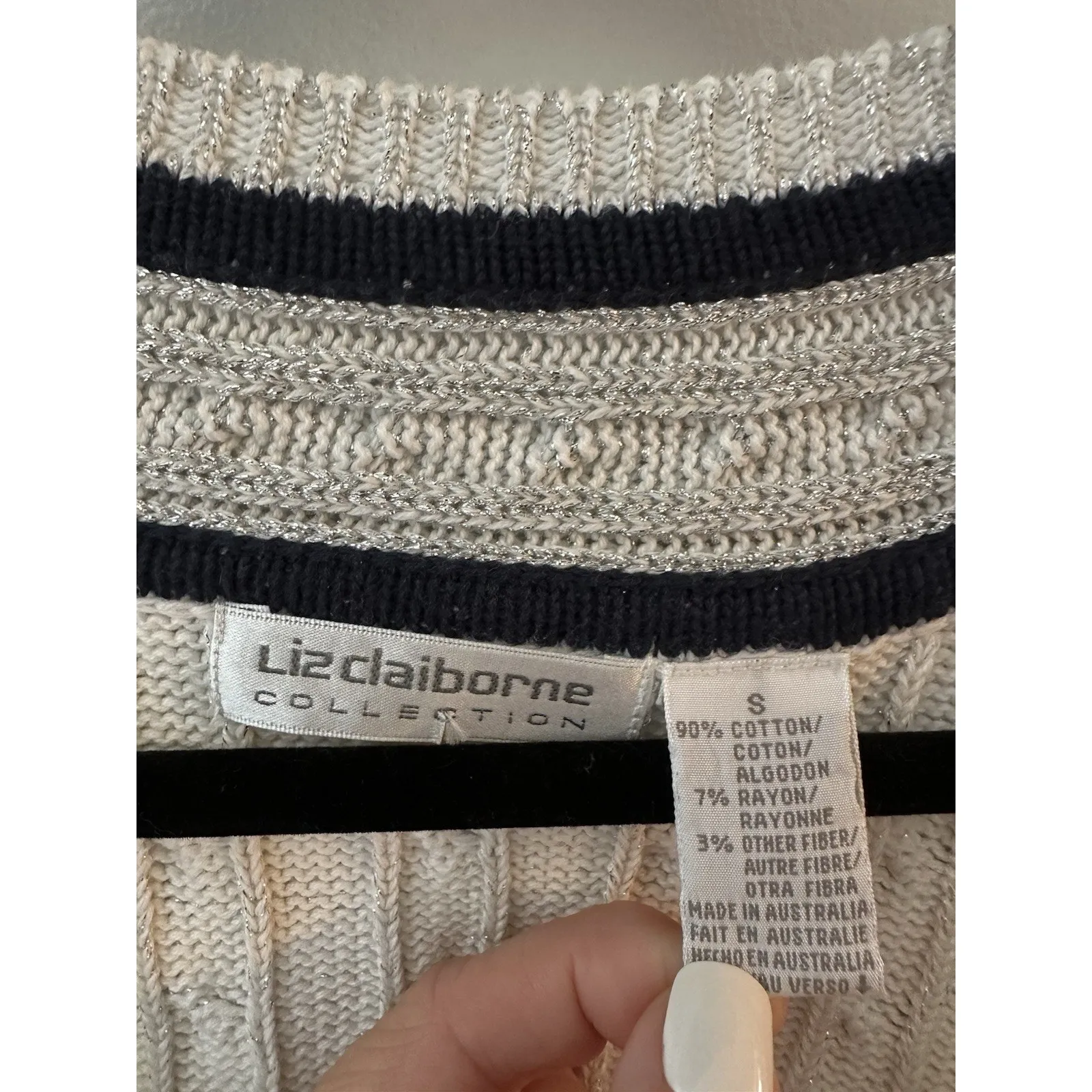 Vintage Tennis Sweater Liz Sport Sz.Small Varsity Preppy Club 80-90’s Gray/Navy - Image 3