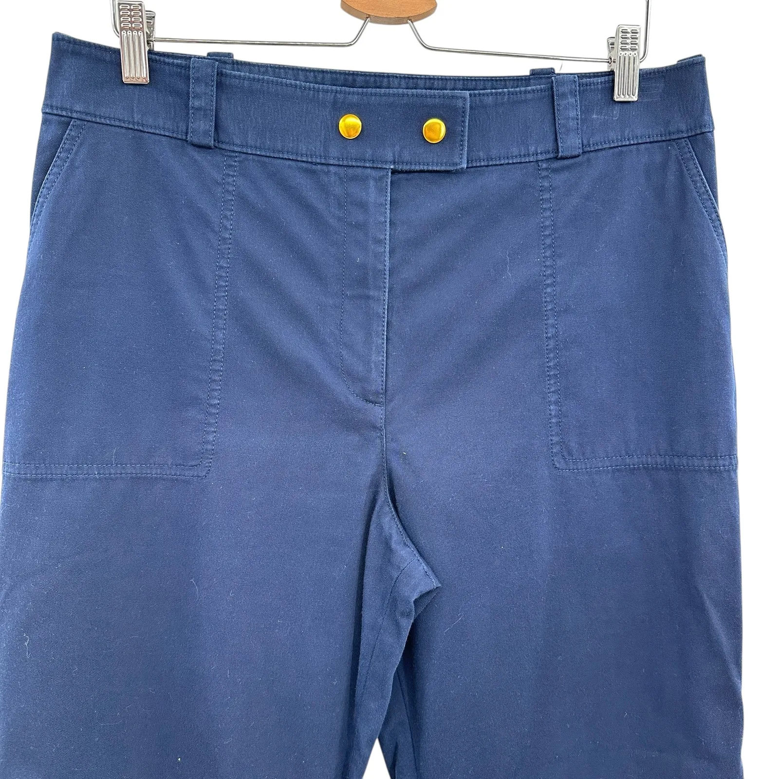 Tory Burch Maddie Cropped Flare Trouser Pants Gold Button Navy Blue Size US 12 - Image 3