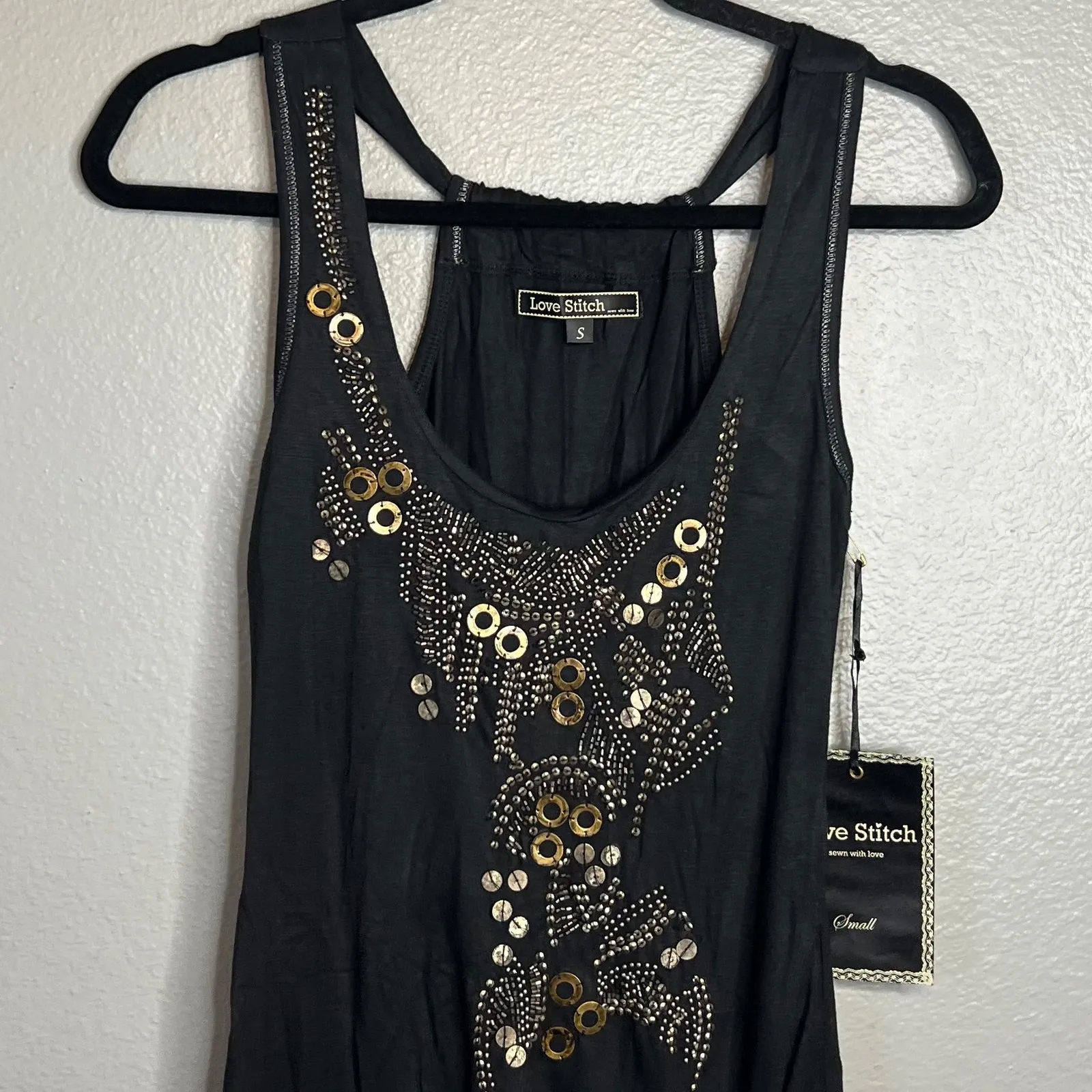 Love Stitch Black Gold‎ Embellished Tank Dress Size S Beaded Grunge Goth NWT - Image 4