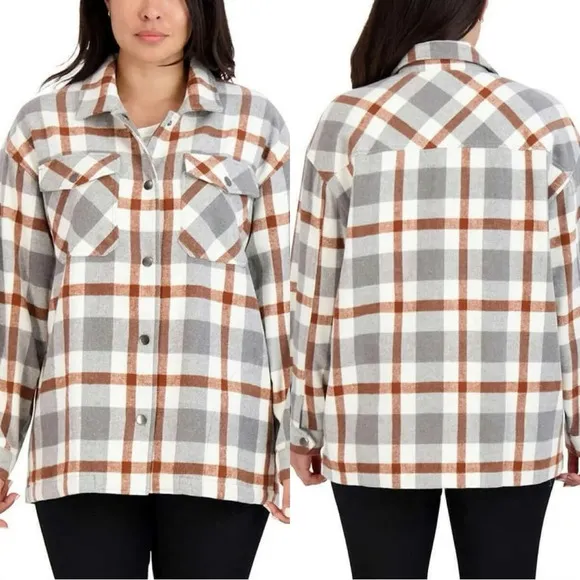 HFX Wool Blend Flannel Plaid Shacket Jacket Western Relaxed Fit Gray/Brown L Gray Size L - Image 2