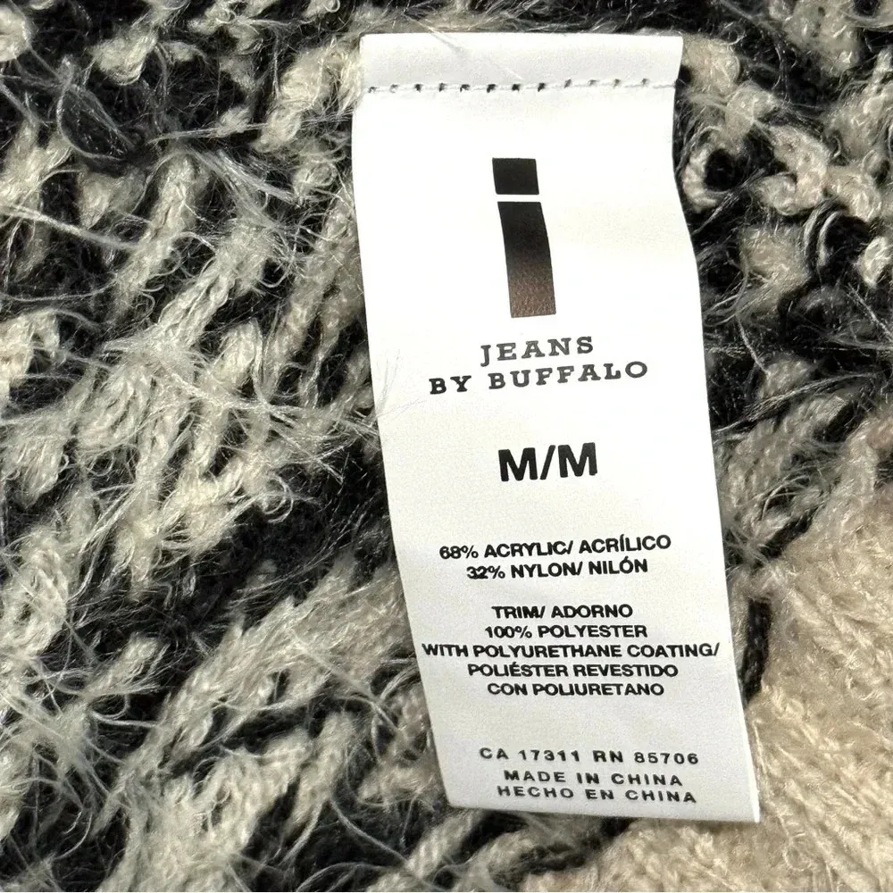 i JEANS BY BUFFALO Black Cream Patterned Open Front Cardigan Sweater Sz Medium - Image 6