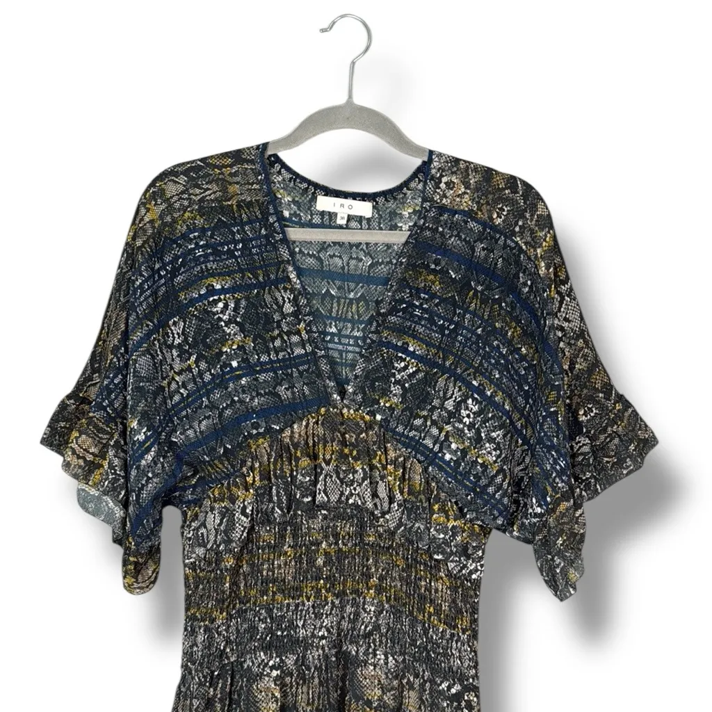 IRO Dress 36 Tulsa Printed Silk Tiered‎ Mini Snake Print Smocked Ruffle Green - Image 4