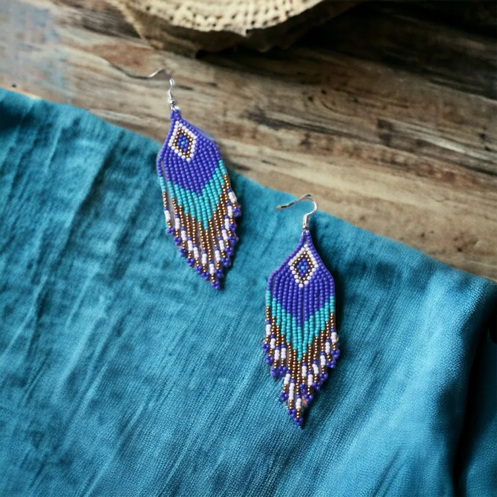 Rhombus Shape Colorful Beaded Tassel Dangle‎ Earrings Bohemian Ethnic Style Blue - Image 2