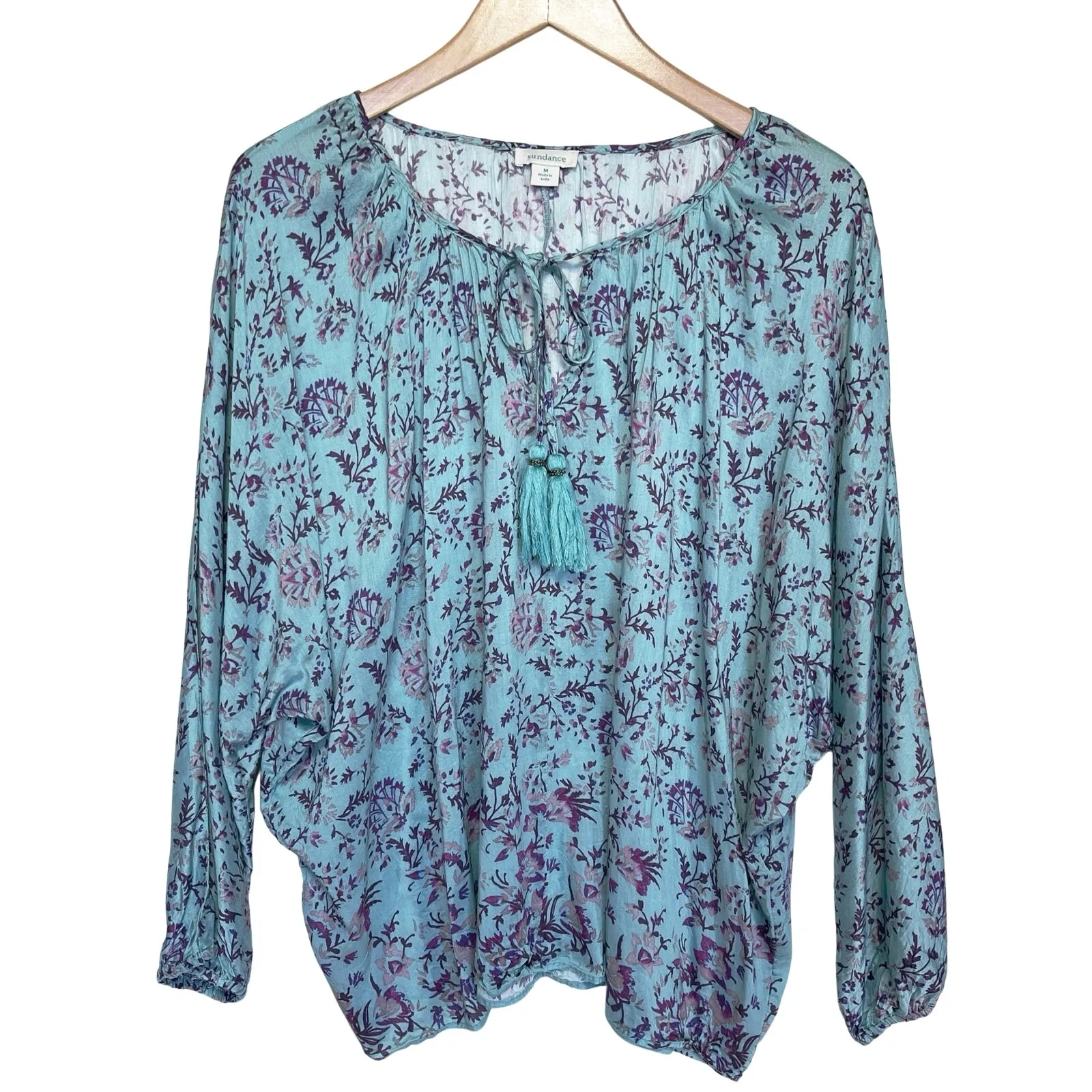 SUNDANCE Boho Arielle Sweet Blue and Pink Floral Silk Blend Tassel Top - Image 2
