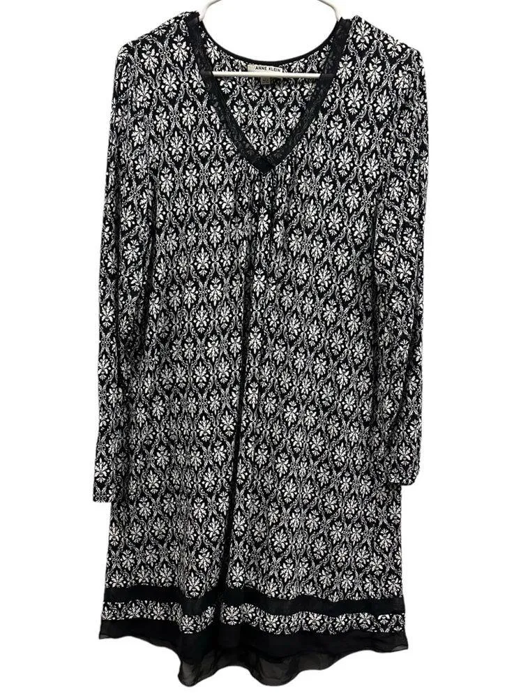 Anne Klein Black White Rayon Spandex Lightweight Long Sleeve V Neck Dress Large - Image 8