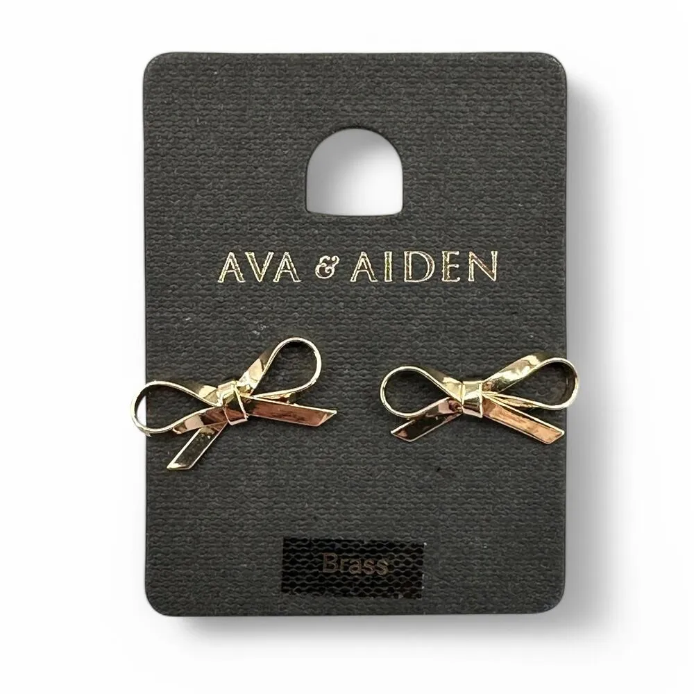 Ava and Aiden Brass Stud Earrings Tiny Bows New on Card Gold - Image 2