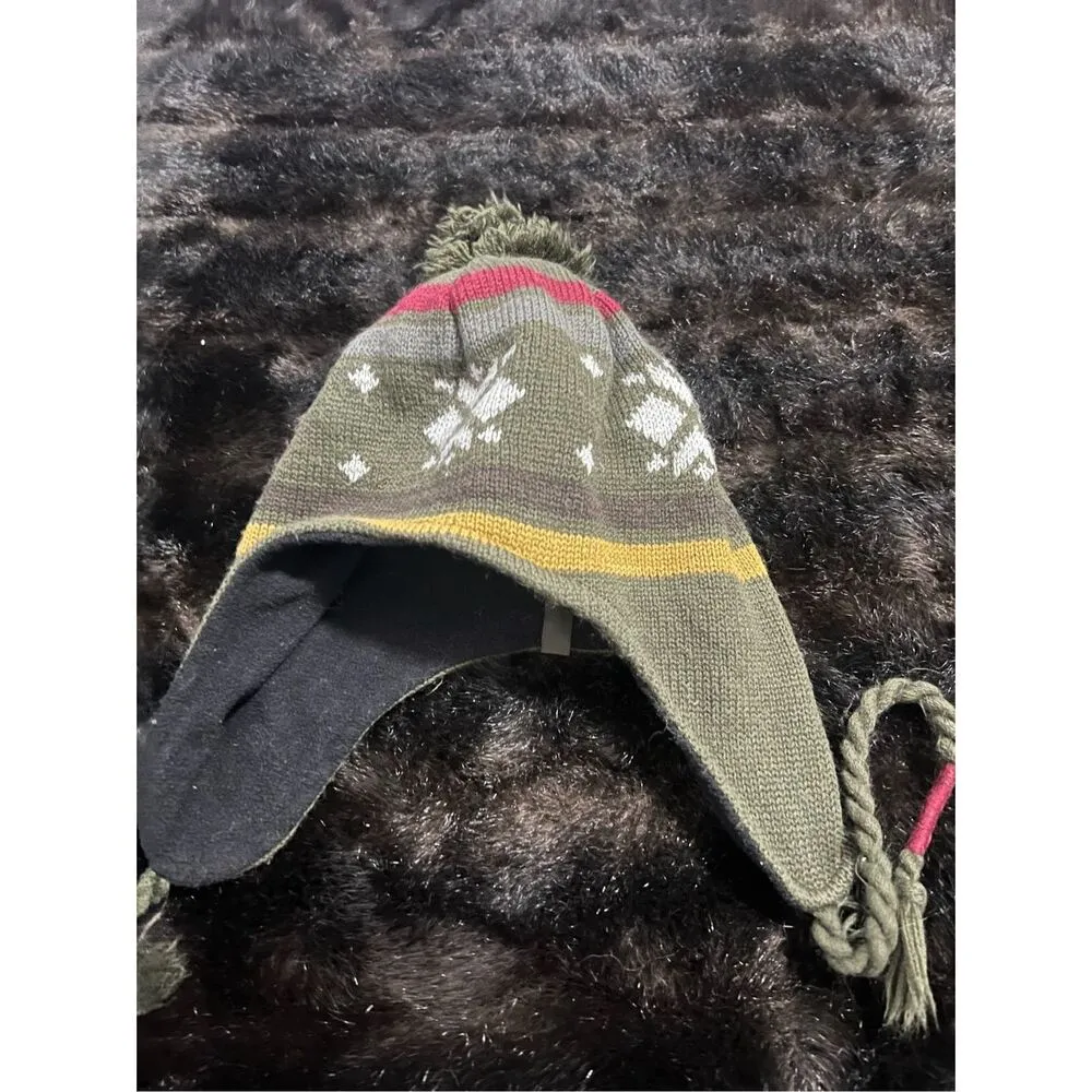 Marmot Winter Beanie Hat With Ear Flaps Tassels Ski Cap Olive Green Red - Image 3