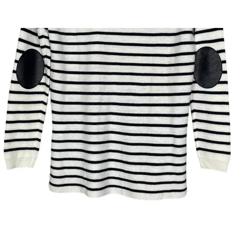 J. Crew Striped Leather Panel Wool Knit Long Sleeve Sweater XS Black Cream #4247 - Image 8