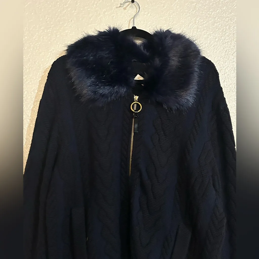 TORY BURCH Contraire Merino Wool Cable Knit Faux Fur Sweater Bomber Jacket XL - Image 4