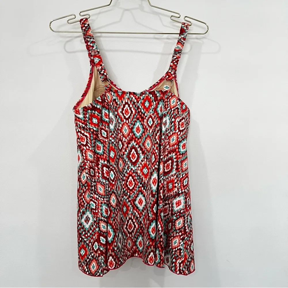 D & Co Beach Swimwear tankini Size 12 Aztec Print Multicolored Red Tankini Top - Image 3